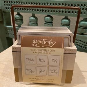 NEW,6 darling coasters.In a wood caddy w/handle!Perfect for the holiday partys.